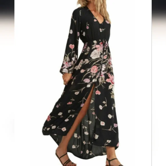 Billabong Desi Kimono Maxi Dress V Neck Button Front Floral Print Black Med NWT - Picture 10 of 16